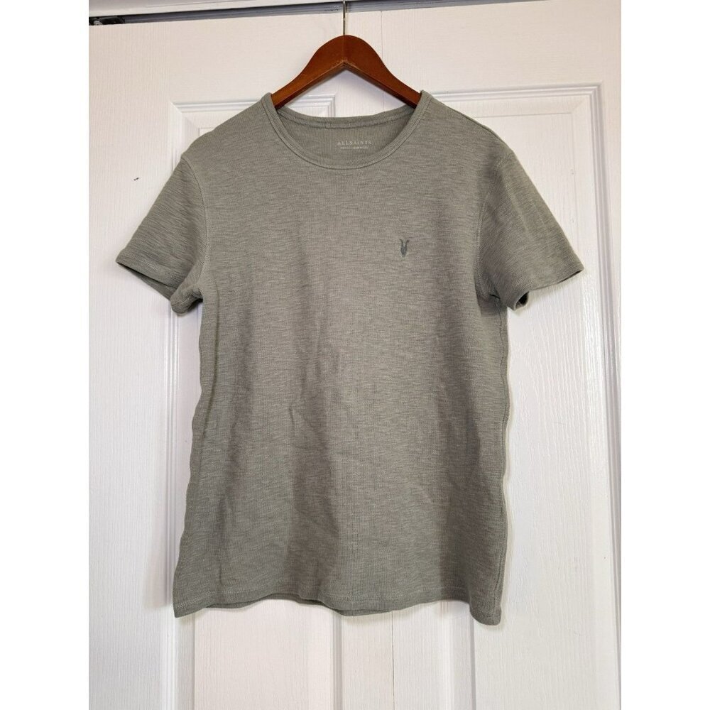 AllSaints Mens Crew Neck T Shirt Small Green Slub Cotton Short Sleeve